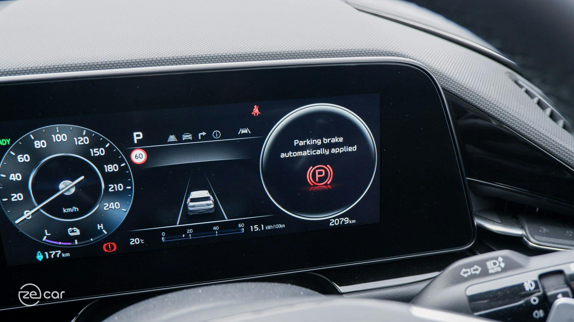 Kia Niro EV instrument cluster showing 'park brake automatically applied' message