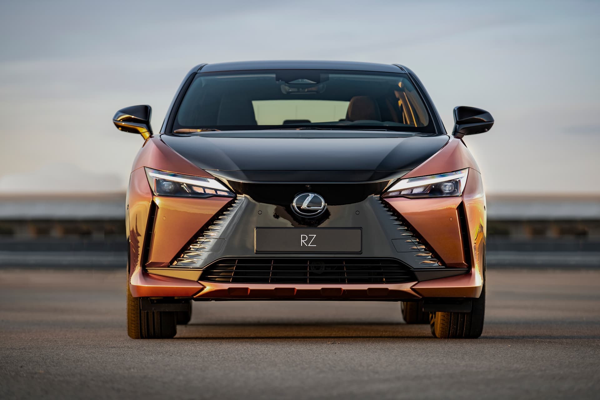 Two-tone copper-black Lexus RZ front grille view Two-tone copper-black Lexus RZ front grille view
