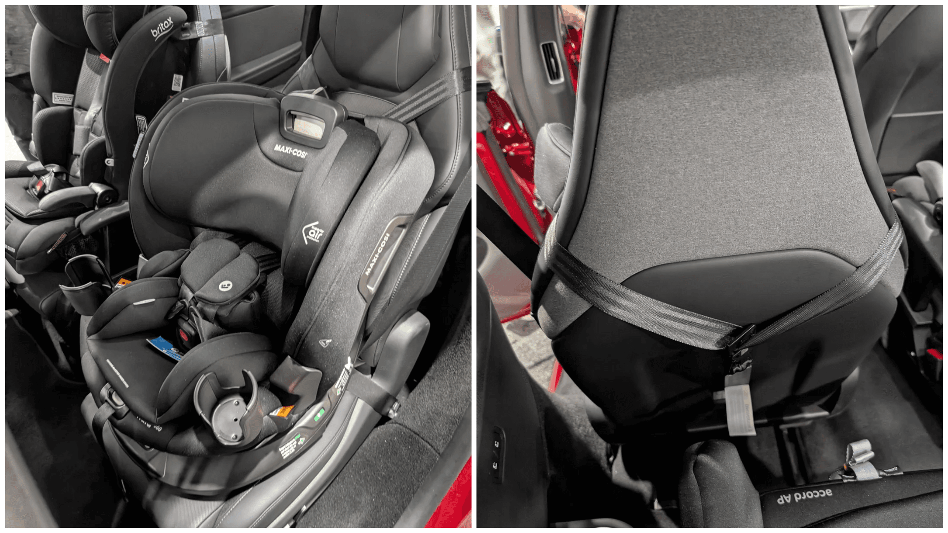 Maxi-Cosi car seat in Tesla Model Y L secured by split tether Maxi-Cosi car seat in Tesla Model Y L secured by split tether