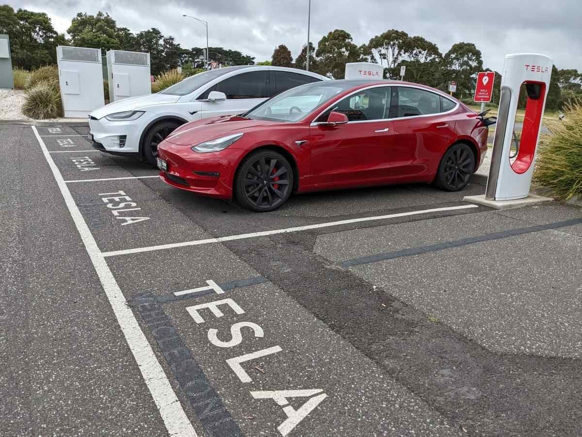 Row of Tesla Supercharger stalls at an Australian site Row of Tesla Supercharger stalls at an Australian site