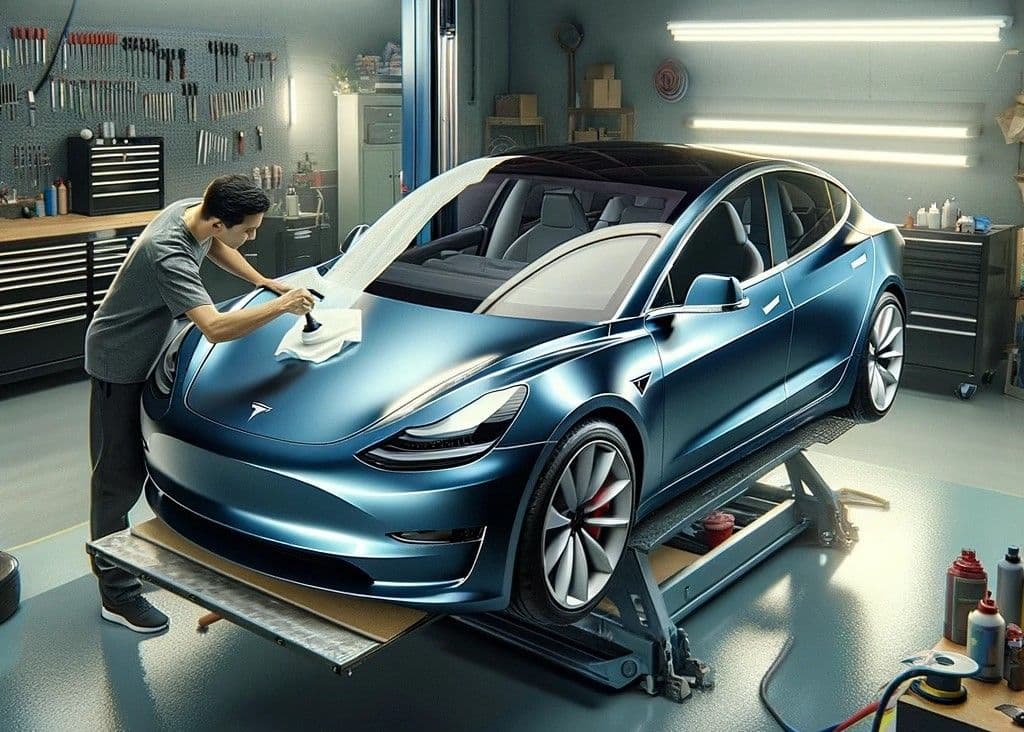 Tesla Model 3 wrap in a workshop Tesla Model 3 wrap in a workshop