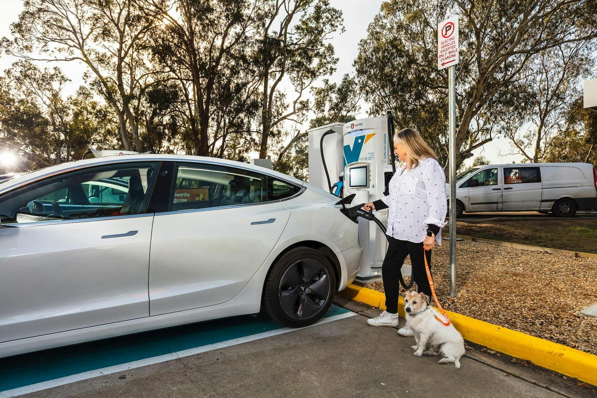 Woman and dog plugging in Tesla Model 3 at Evie Networks charger