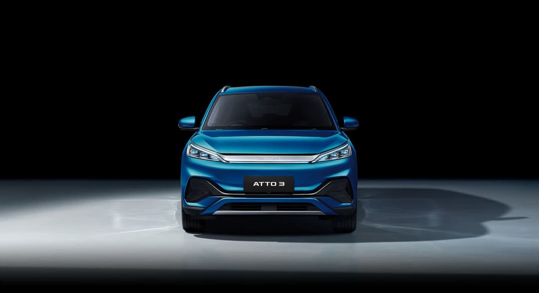 Blue BYD Atto 3 electric SUV front Blue BYD Atto 3 electric SUV front