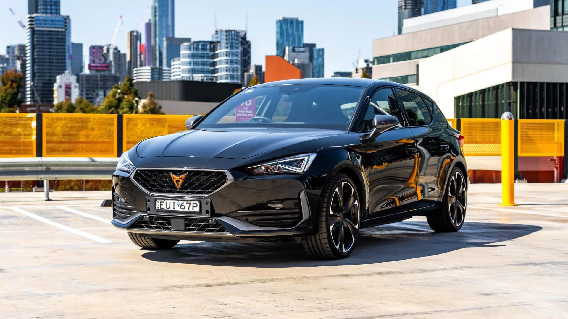 Cupra Leon VZe in black parked three quarter view Cupra Leon VZe in black parked three quarter view