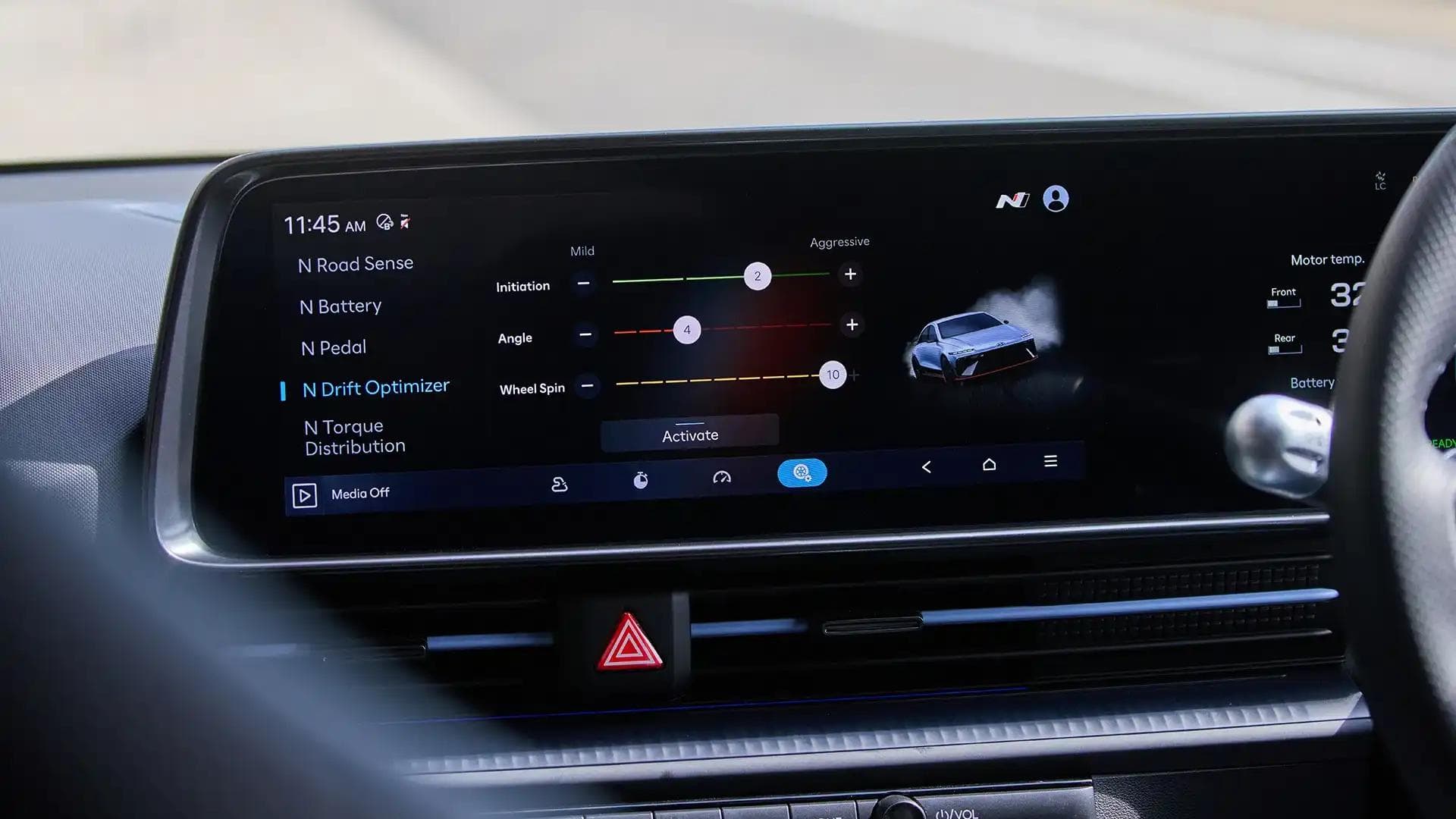 Hyundai Ioniq 6 N N Drift Optimiser settings screen showing adjustable sliders for initiation, angle and wheel spin Hyundai Ioniq 6 N N Drift Optimiser settings screen showing adjustable sliders for initiation, angle and wheel spin