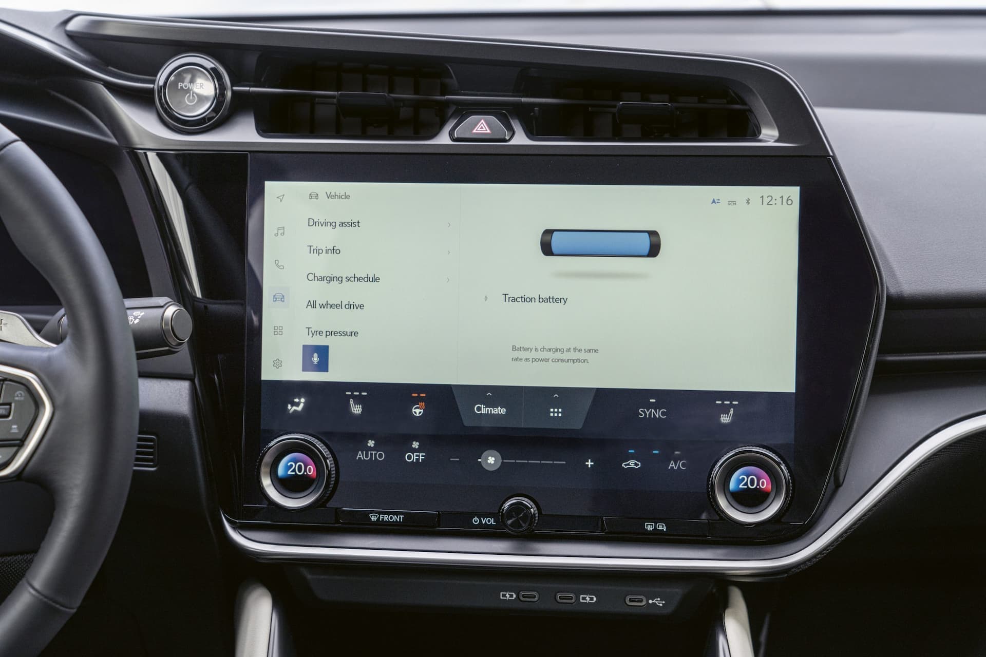Lexus RZ touchscreen showing traction battery settings page Lexus RZ touchscreen showing traction battery settings page