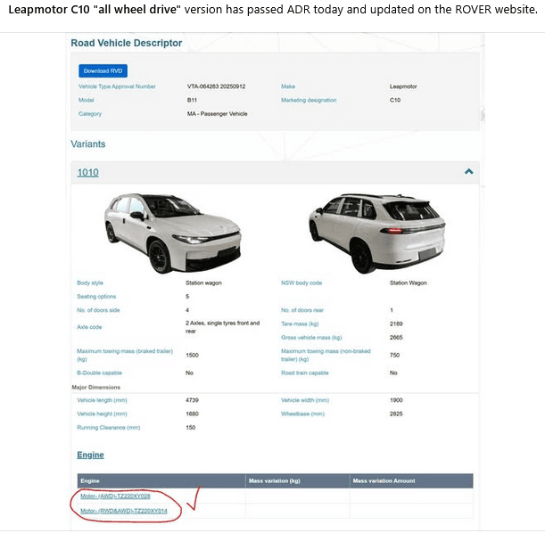 Leapmotor C10 AWD Version Clears ADR, Listed on ROVER. Leapmotor C10 AWD Version Clears ADR, Listed on ROVER.