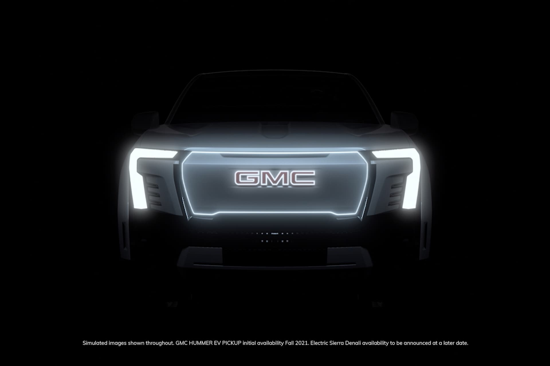 GMC Sierra Denali EV teaser image of lights and front grille GMC Sierra Denali EV teaser image of lights and front grille
