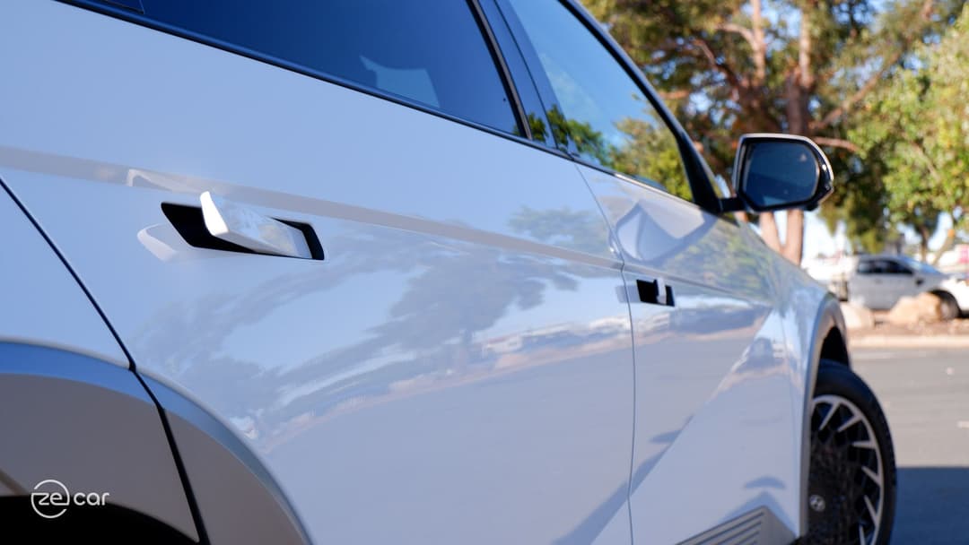 Hyundai Ioniq 5 door handles and front view in sunset