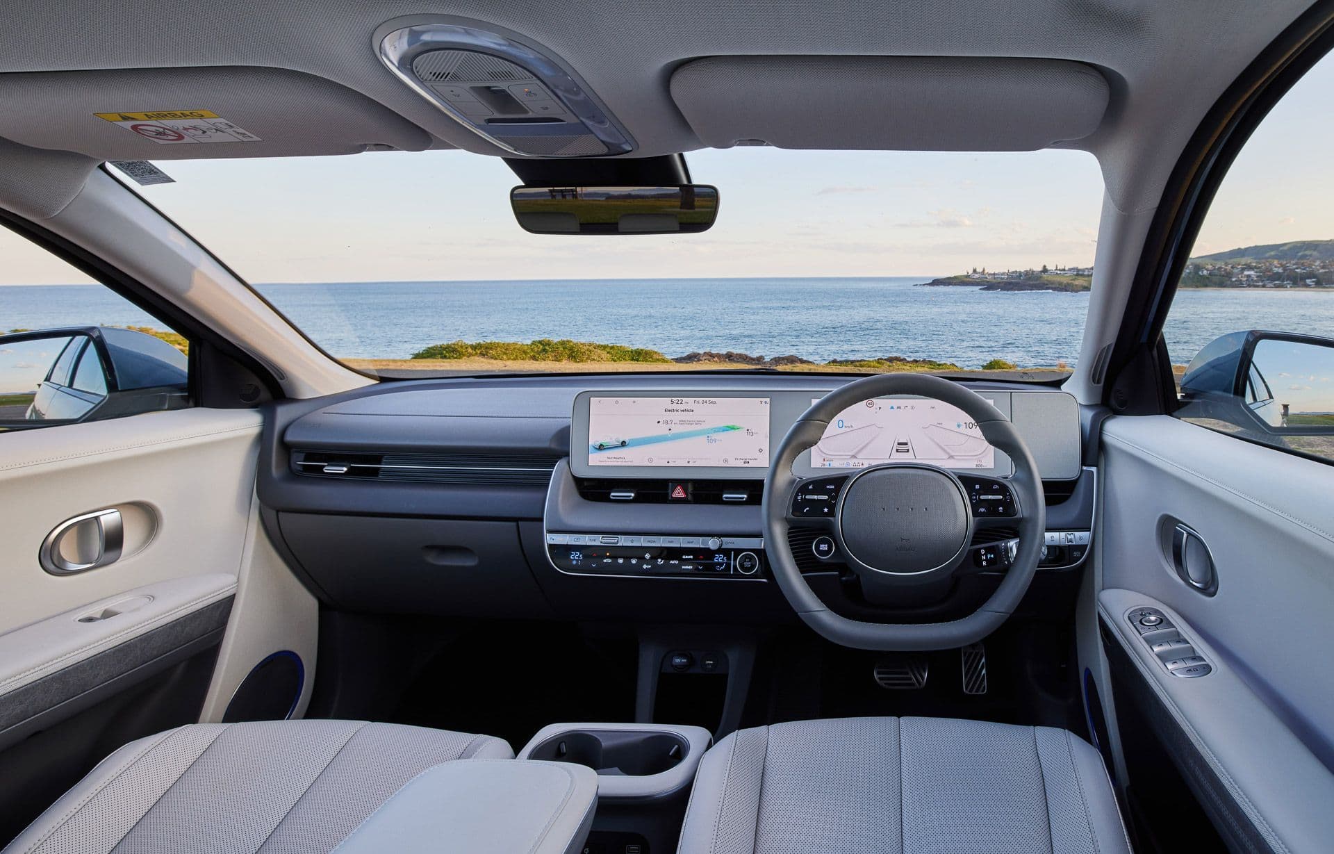 White Hyundai Ioniq 5 interior wide view White Hyundai Ioniq 5 interior wide view