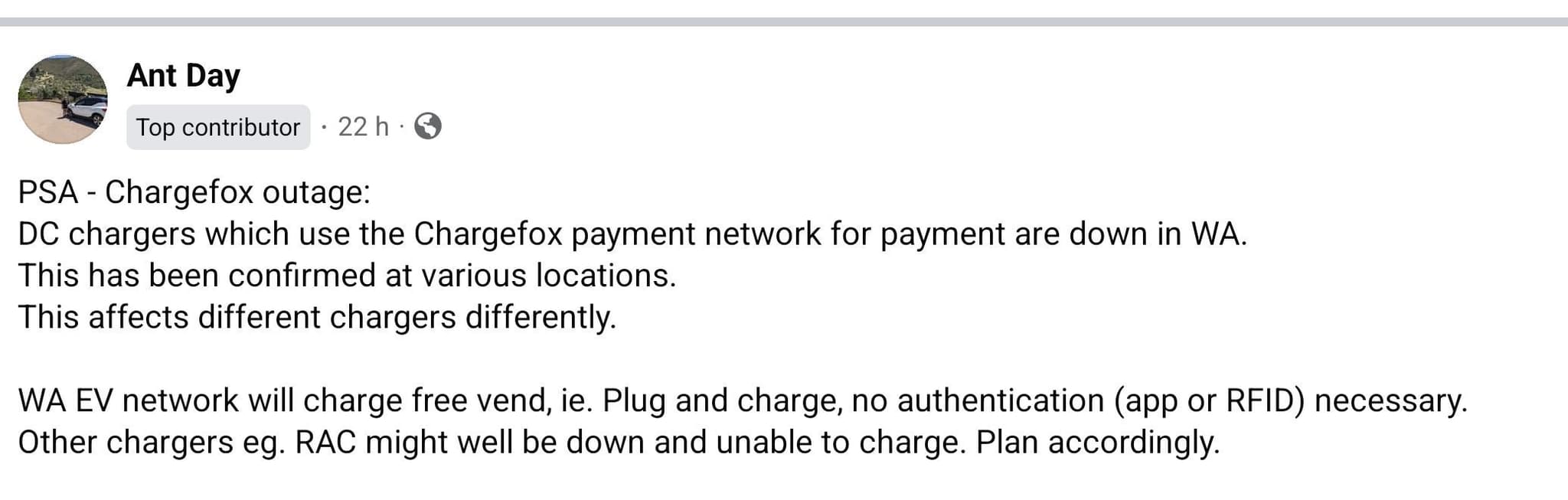 WA EV Network may be in free mode during this outage WA EV Network may be in free mode during this outage
