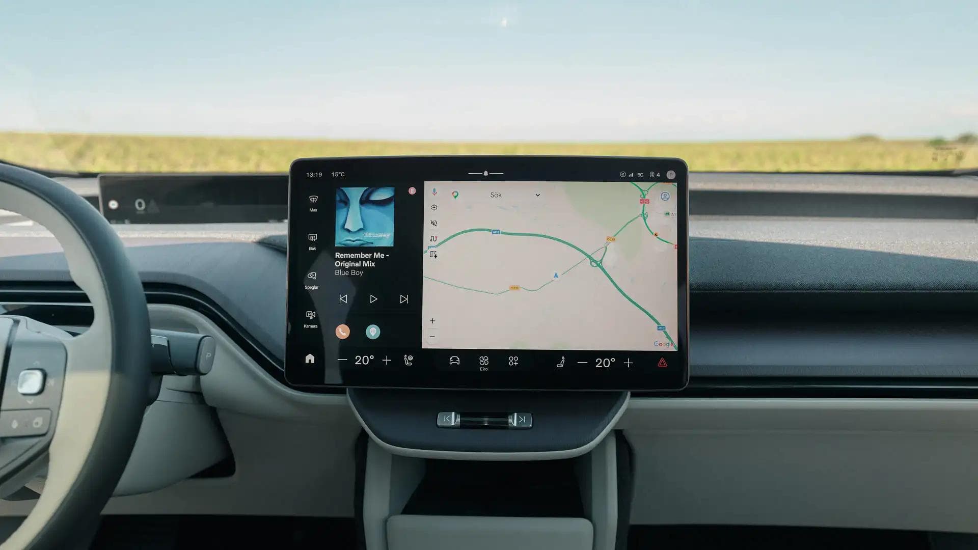 2027 Volvo EX60 interior infotainment screen showing Google Gemini AI and navigation 2027 Volvo EX60 interior infotainment screen showing Google Gemini AI and navigation