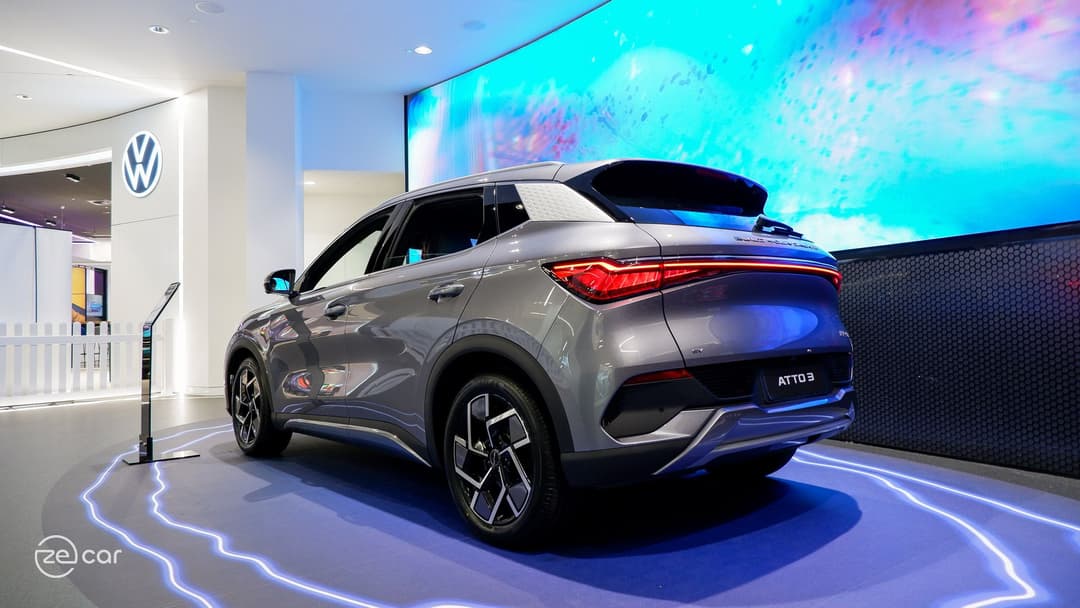 BYD Atto 3 in showroom interior and rear