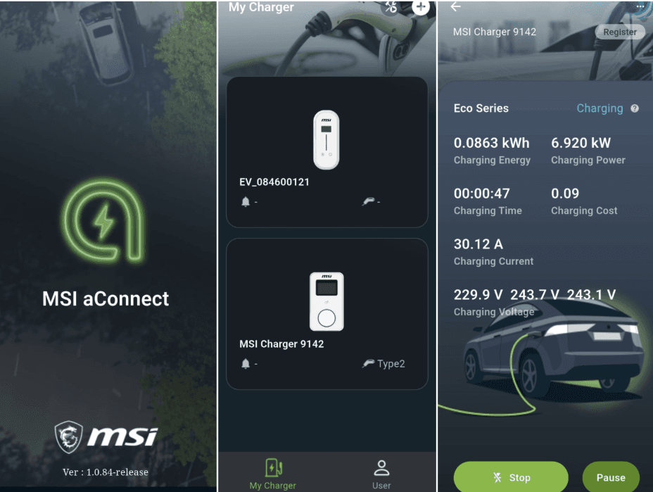 MSI aConnect app screen showing charging status, RFID access and AutoCharge controls MSI aConnect app screen showing charging status, RFID access and AutoCharge controls