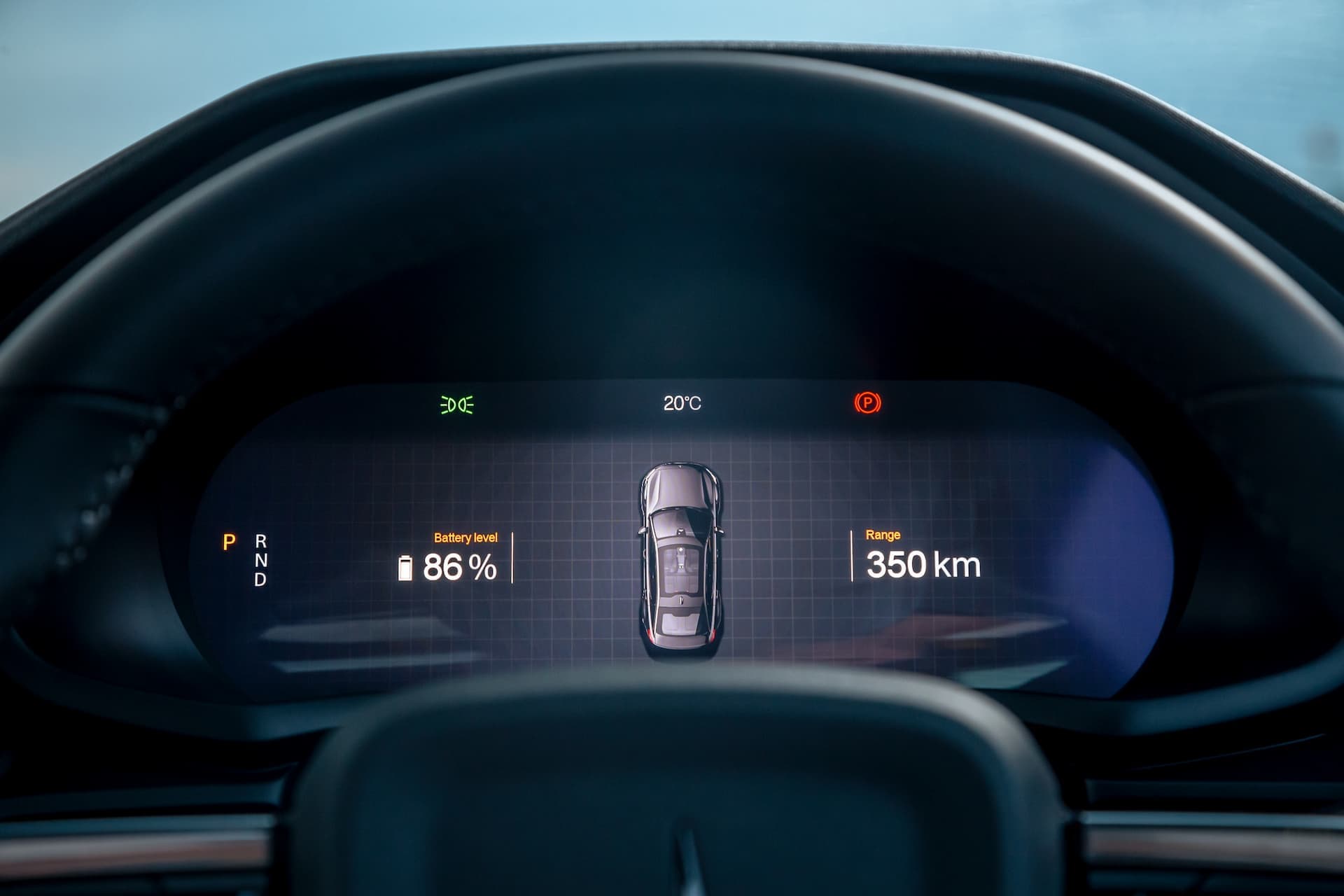 Polestar 2 driver instrument cluster screen showing battery and range Polestar 2 driver instrument cluster screen showing battery and range