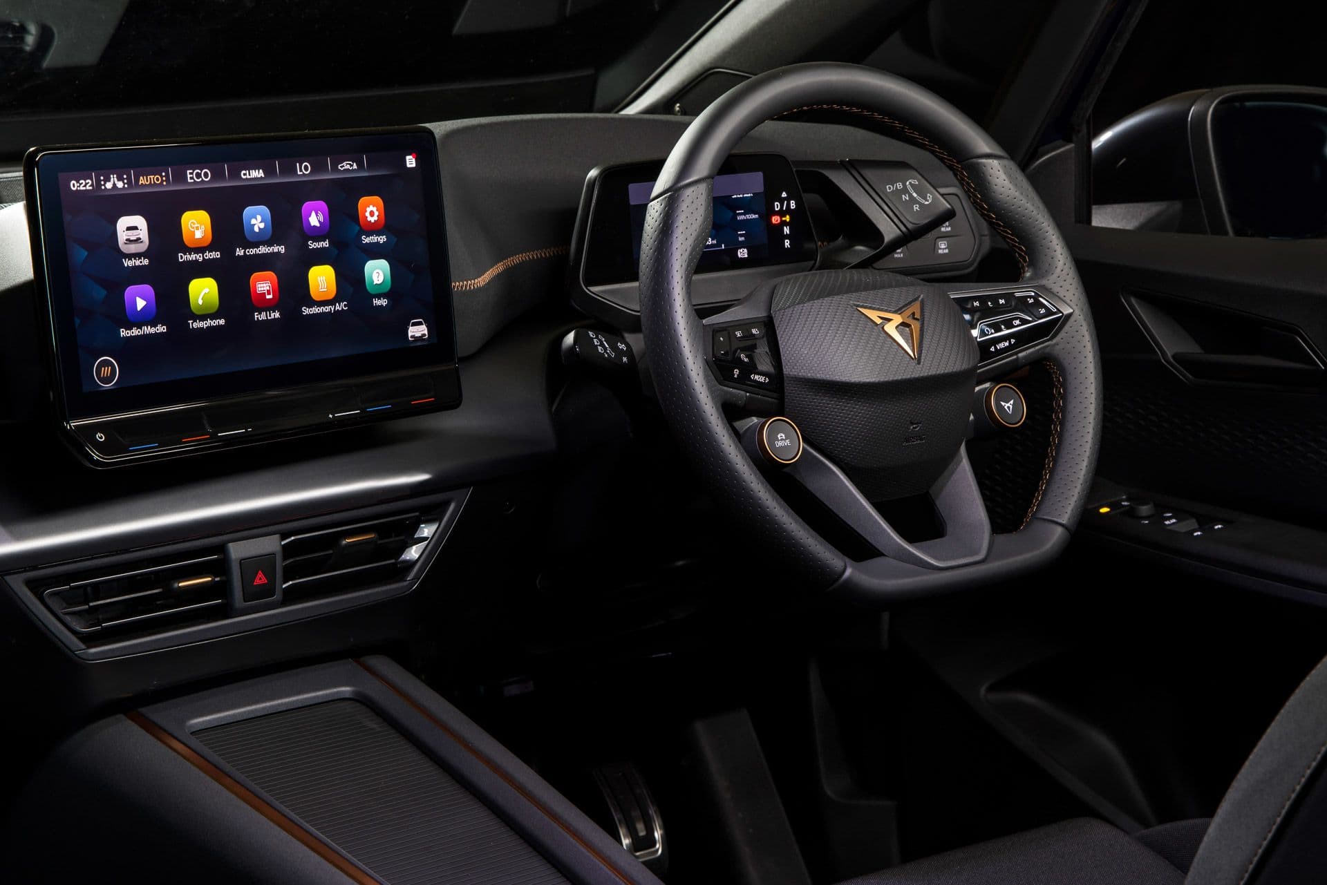 Cupra Born interior steering wheel and touchscreen Cupra Born interior steering wheel and touchscreen