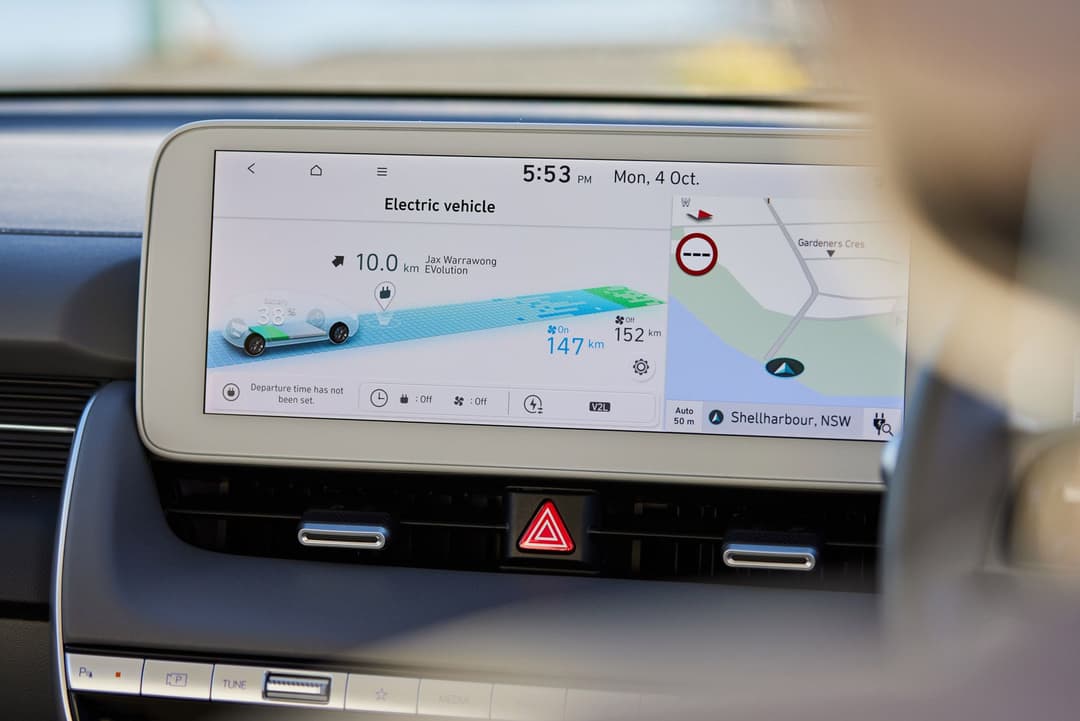 Hyundai Ioniq 5 touchscreen and front exterior view