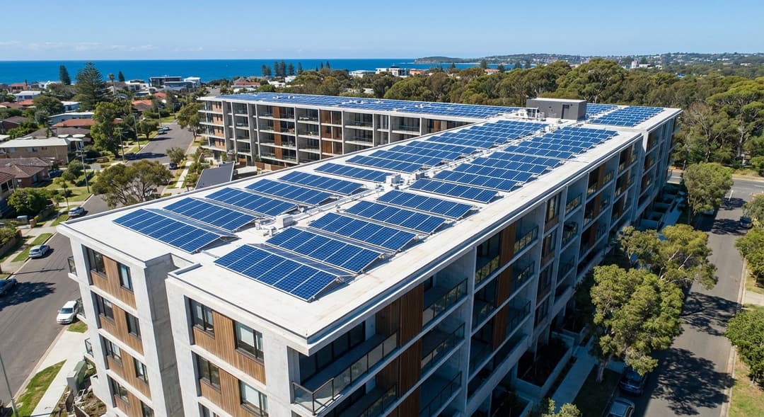 Rooftop solar panel installation on multi-unit apartment building Rooftop solar panel installation on multi-unit apartment building