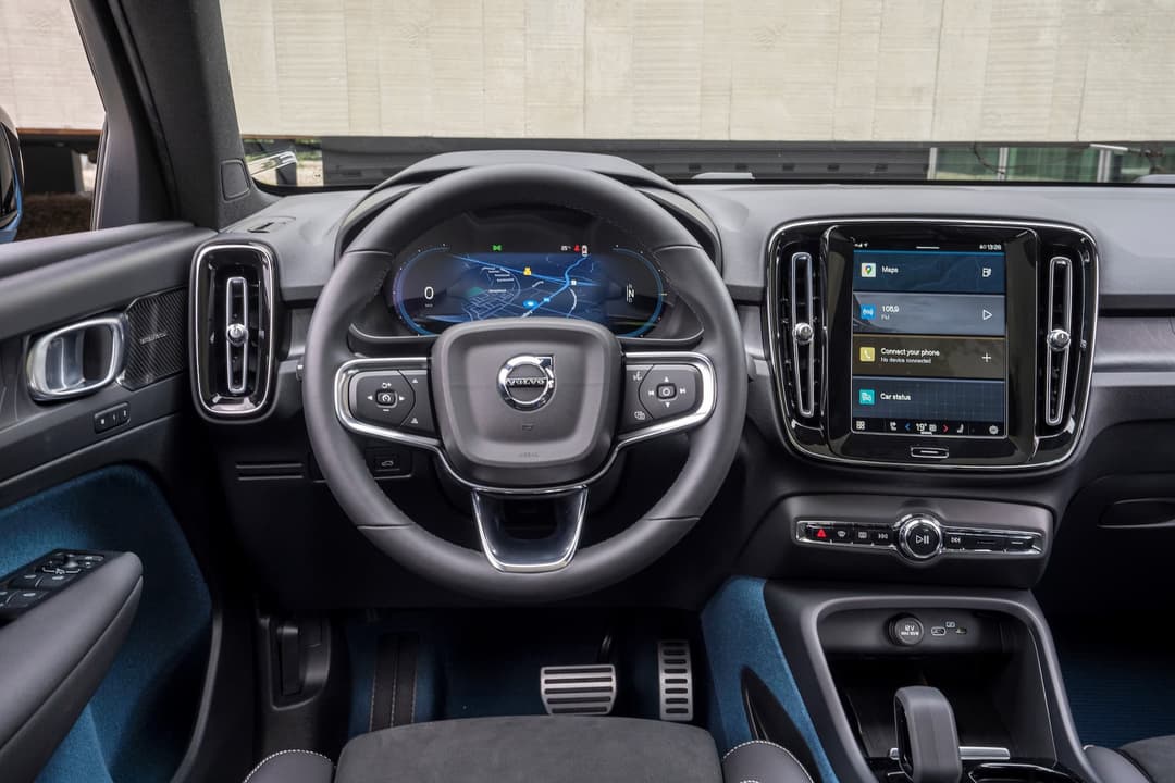 Volvo C40 interior steering wheel and Android Automotive touchscreen Volvo C40 interior steering wheel and Android Automotive touchscreen