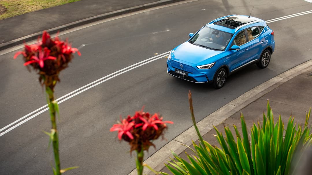MG ZS EV driving on road in front of flowers MG ZS EV driving on road in front of flowers