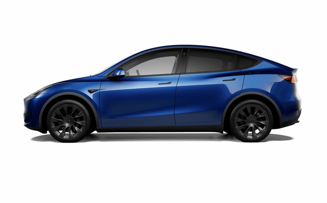 Blue Tesla Model Y Long Range side view Blue Tesla Model Y Long Range side view